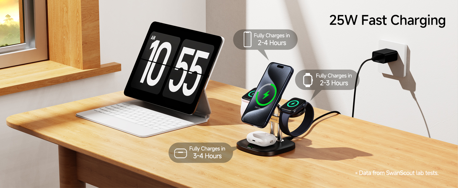 Desktop charging station setup with digital clock display and wireless charging pad for phone and earbuds, featuring 25W fast charging capability.