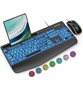 SABLUTE Wired Keyboard and Mouse Combo, Large Print Backlit Keyboard with Wrist Rest and 7-Color ...