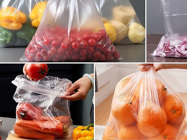 Scenery pictures showing the usages of the bags, soup, fruits, bulk amounts and more