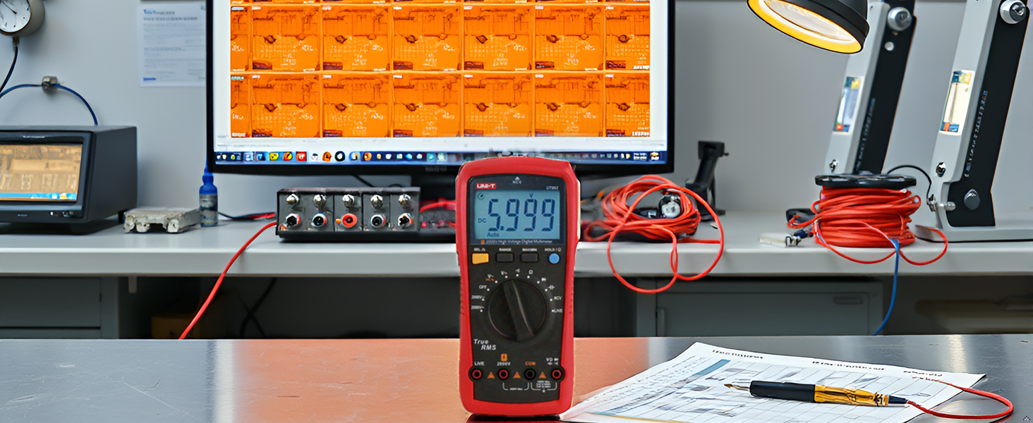 A close-up view of the product on a workbench surrounded by various electrical components and tools.
