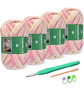 Sixlamb 4-Pack Super Soft Chenille Velvet Yarn for Crocheting, Medium to Bulky (#4-#5), Multicolo...