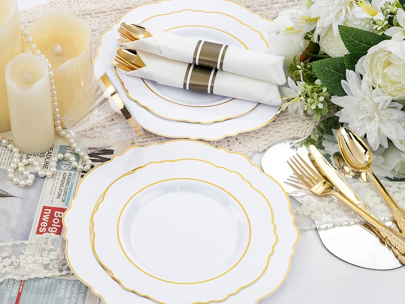 White and gold Plastic Plates