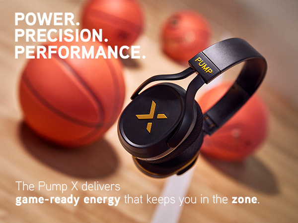 Close up of black and gold Pump X headphones near basketballs, showcasing bold design and detail