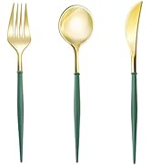 Lullaby 150PCS Gold Plastic Silverware - Disposable Flatware with Green Handles, Includes 50 Kniv...