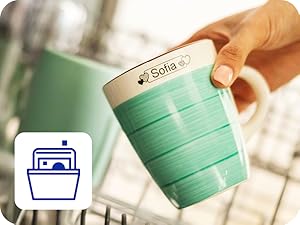 Icon of dishwasher, photo of someone putting coffee mug in dishwasher with BTAG131 label with name
