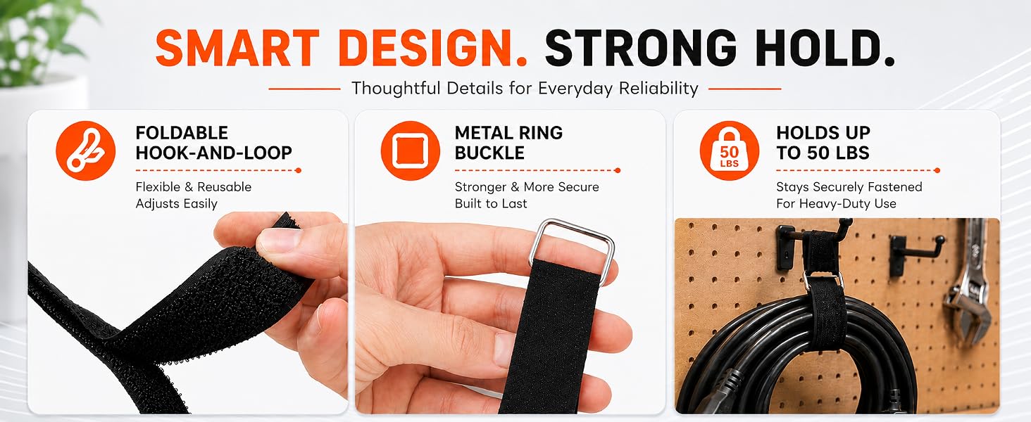 Hook and loop cable strap features banner, foldable design, metal buckle, heavy duty up to 50 lbs