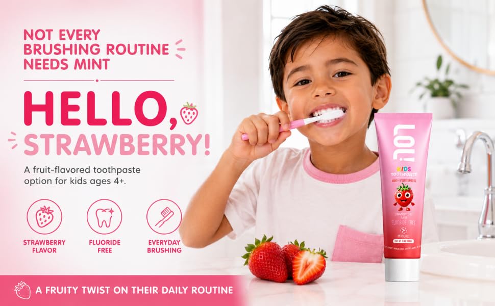 Boy brushing with LOL Kids Strawberry fluoride-free toothpaste.
