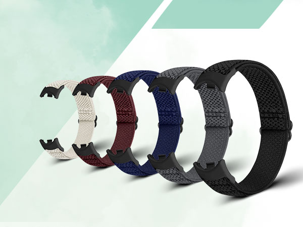 Five adjustable watch bands in white, burgundy, navy, gray, and black, displayed in ascending order against mint green background.