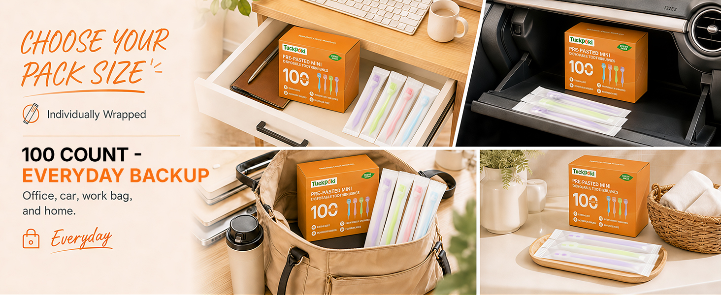 TuckPoki 100-count prepasted toothbrushes stored in office, car, work bag, and home.