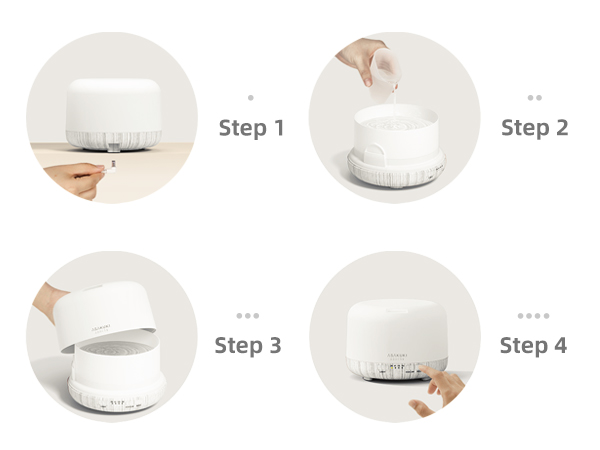 connect power adapter, add water, cover the lid, enjoy the mist