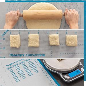 Our silicone baking mat features convenient conversion charts