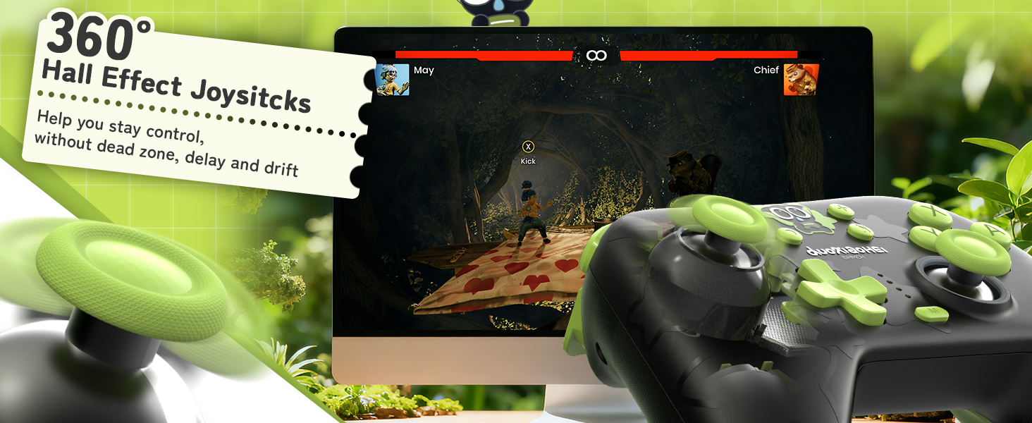 Text reads: '360° Hall Effect Joysticks'. Gaming controller or joystick interface shown against green plant background with game display.