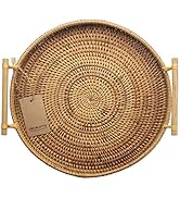 DECRAFTS Rattan Round Serving Tray Wicker Woven Bread Basket with Handles for Cracker Dinner Part...