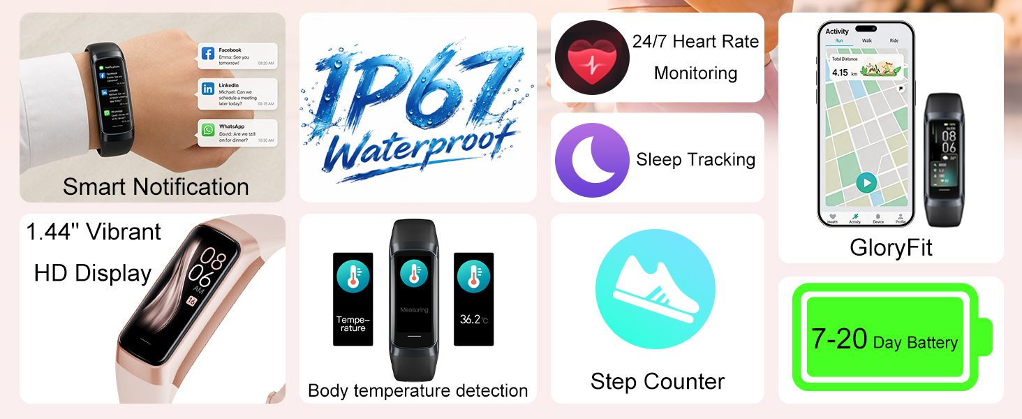 Fitness tracker with heart rate, sleep, steps, notifications and waterproof design
