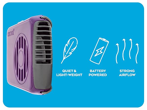 O2Cool Deluxe Necklace Fan Purple Top Down View Quiet, Battery Powered, Strong Airflow