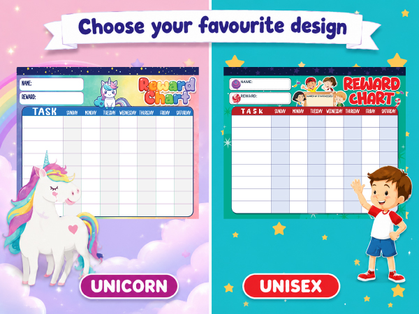 Choose unicorn or unisex reward chart design for boys and girls
