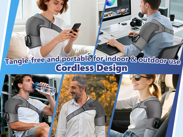 Cordless shoulder heating pad portable for indoor outdoor use at home office or travel.