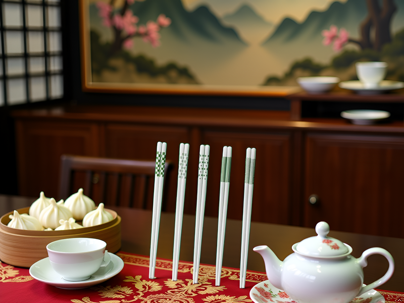 A product displayed on a wooden table with chopsticks and a bowl of rice.