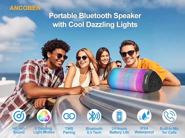 Portable Bluetooth Speaker Wireless BT 5.3 HD Loud Sound Speaker with Cool LED Lights