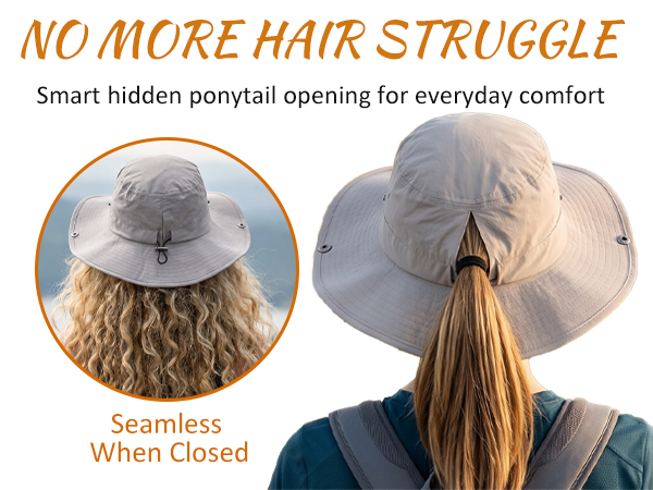 Ponytail sun hat for women with hidden hole, worn with ponytail or hair down, regular look