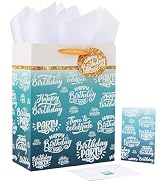 13" Large Green Gift Bag Set with Greeting Card and Tissue Papers (Snowflake-shaped 'Happy Birthd...