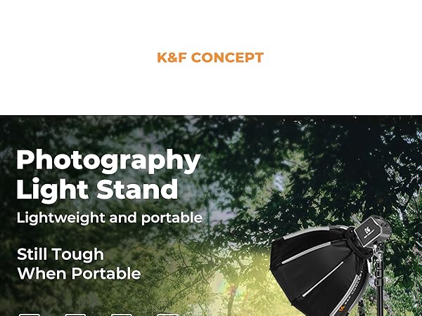 Photography light stand with octagonal softbox attachment. Black device shown outdoors against blurred foliage. Text highlights lightweight, portable, and durable features.