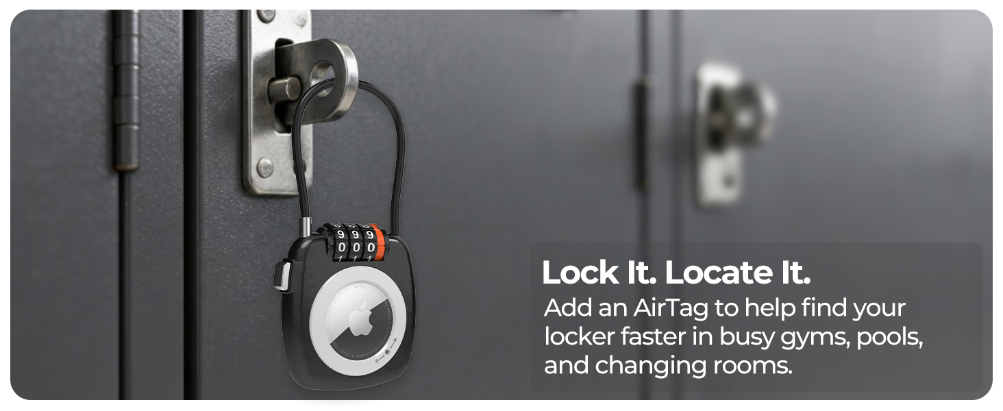 Black AirTag lock attached to gym locker for secure storage and item tracking.
