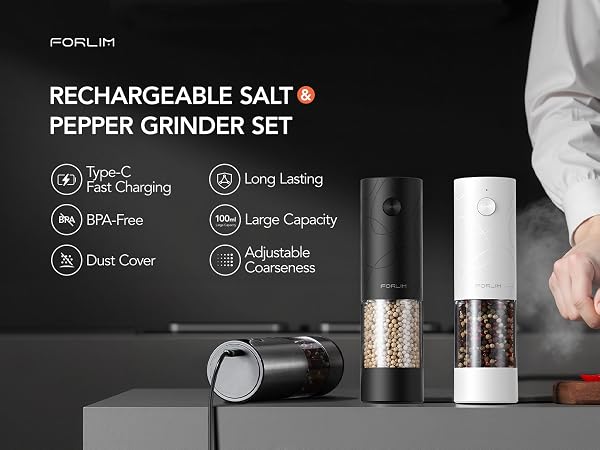 FORLIM rechargeable salt and pepper grinder set with USB-C charging and 100ml clear chambers