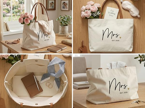 Top view of standing canvas wedding tote showing large capacity magnetic closure and inner pocket.