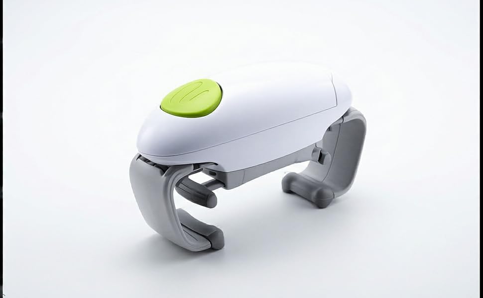Automatic electric can opener with white body and green button, hands-free kitchen can opener