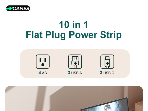 10 in 1 Flat Plug Power Strip 4 AC Outlet and 3 USB A and 3 USB C