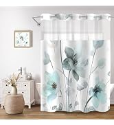CTOTSYC No Hook Shower Curtain and Liner Set, Teal Boho Floral Shower Curtains for Bathroom, Wate...