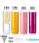 Zukro Glass Water Bottles with Lids & Straw 24 oz, 4 Pack Reusable Juice Bottles With Stainless S...