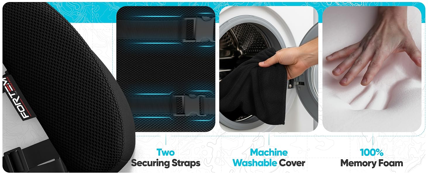 Lumbar support with two securing straps, washable cover, and 100% memory foam