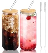 DAMCONME Glass Cups with Lids and Straws Set of 2 - Iced Coffee Cups with Lids for Cold Brew and ...