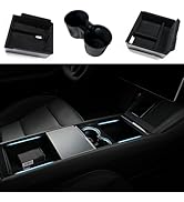 Car interior accessories: Two black plastic storage trays and a dual cup holder. Lower image shows installation in center console with blue ambient lighting.