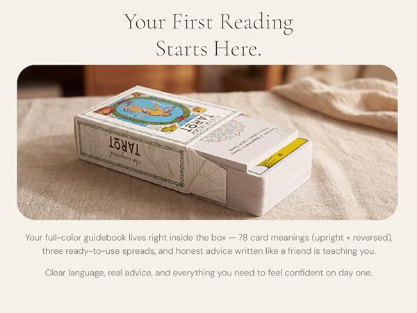 beginner tarot guidebook included inside card box with upright and reversed meanings