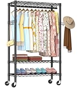 Heavy Duty Clothes Rack Rolling Garment Rack,3 Tier Adjustable Wire Shelving Clothing Racks for H...