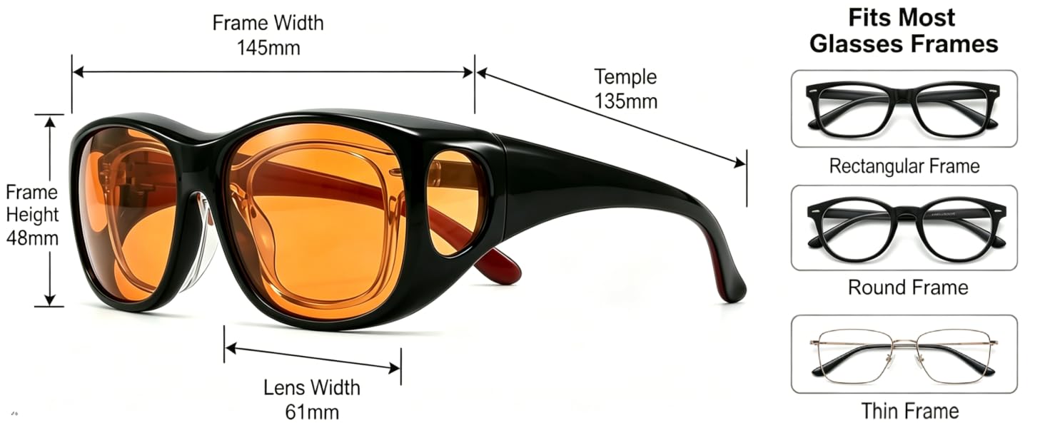 Universal fit design, Frame compatibility, Fits most glasses