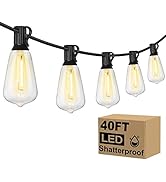 Jedavai LED Outdoor String Lights 40Ft Shatterproof Waterproof ST38 Vintage Edison Bulbs Patio Li...