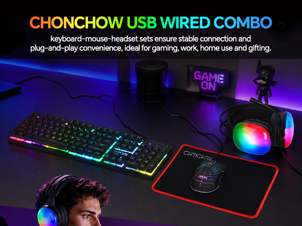 4 in 1 Gaming Keyboard Mouse Mousepad and Headset with mic Combo USB Wired RGB Backlit Gamer Bundle