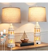 PARTPHONER Coastal Table Lamps Set of 2, Beach Lamps for Living Room with USB A+C, Nautical Light...