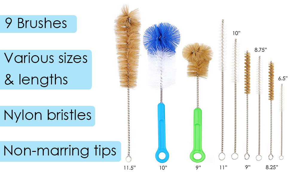 bottle brush set 9 brushes nylon bristles no scratch water bottles baby sizes hookah pipe cleaner