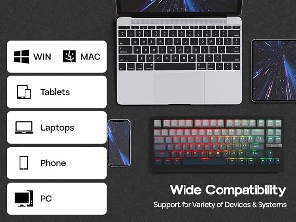 Text reads 'Wide Compatibility' with icons for Tablets, Laptops, Phone, and PC. Technical diagram showing device compatibility across multiple systems.