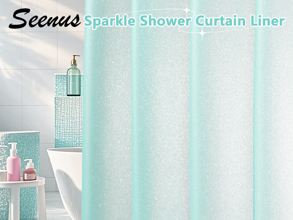 Seenus Waterproof Bathroom Glitter Aqua Teal Sparkle Plastic Shower Curtain Liner with Magnets