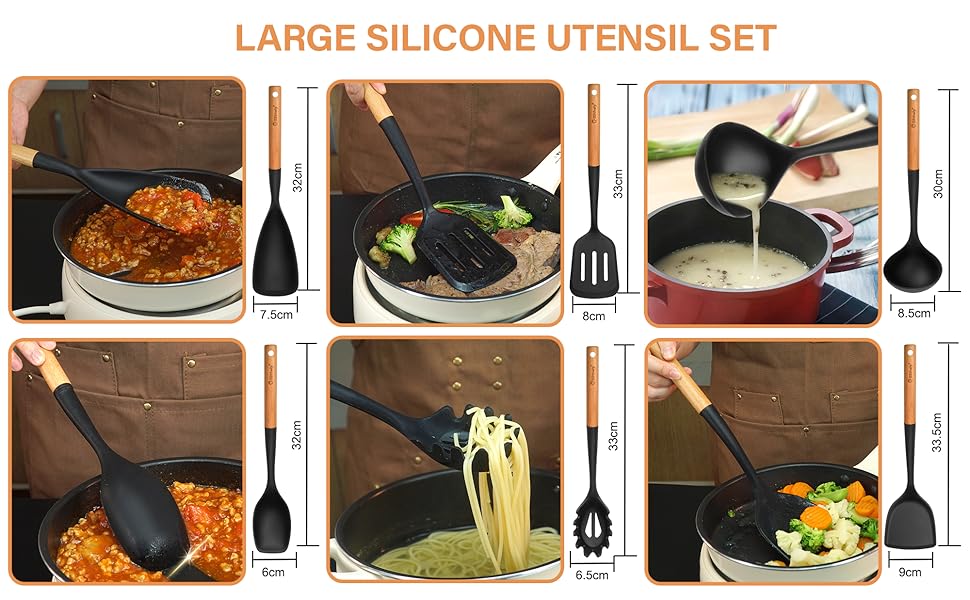 Silicone Cooking Utensils Set with wood handle