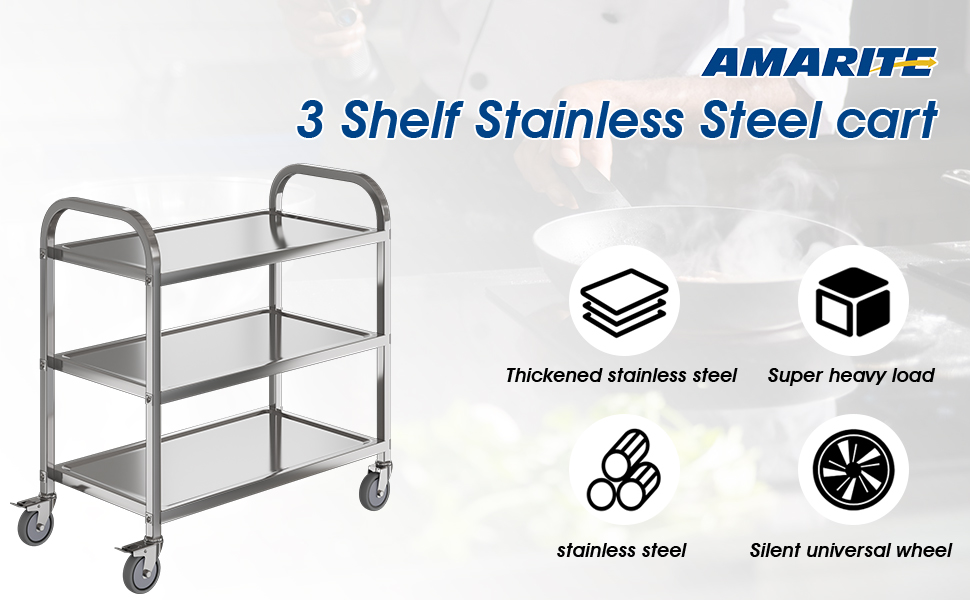 Stainless Steel Cart on Wheels 3-Tier Stainless Steel Utility Cart for Kitchen, Tool Room, Workshop