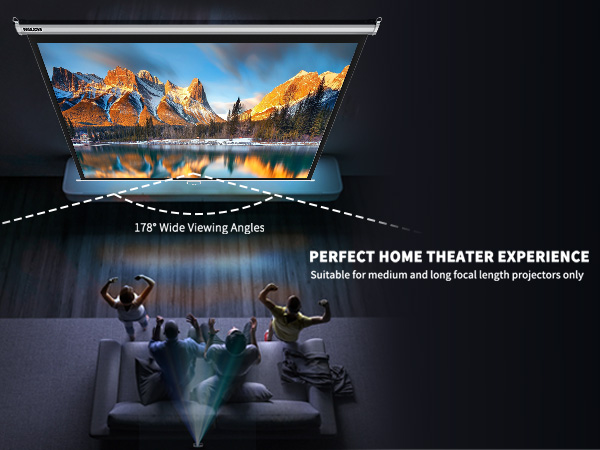 Projection screen displaying mountain landscape. Features 178° wide viewing angle, suitable for home theater. Shows people watching on couch, emphasizing immersive experience.