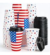 AnyDesign Patriotic Disposable Coffee Cups with Lids 16 Oz American Flag Star Paper Drinking Cups...