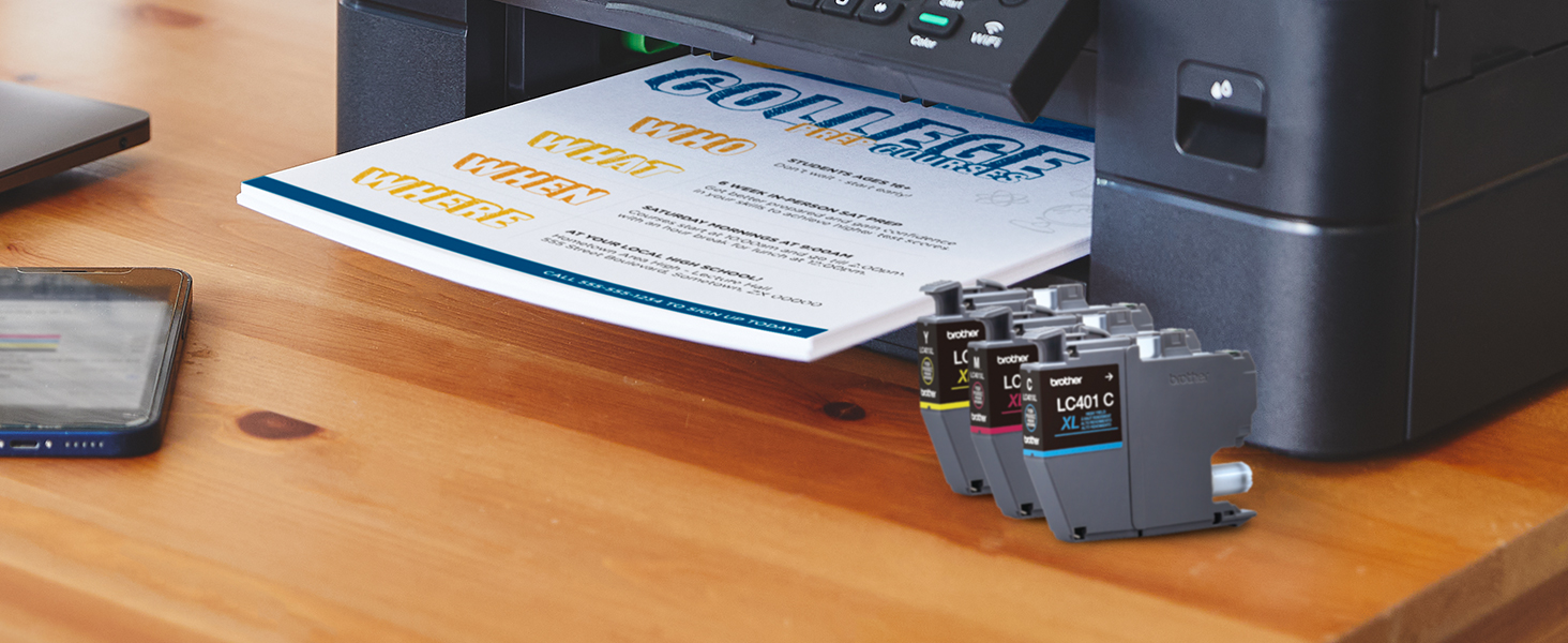 LC401 ink cartridges in front of Brother printer